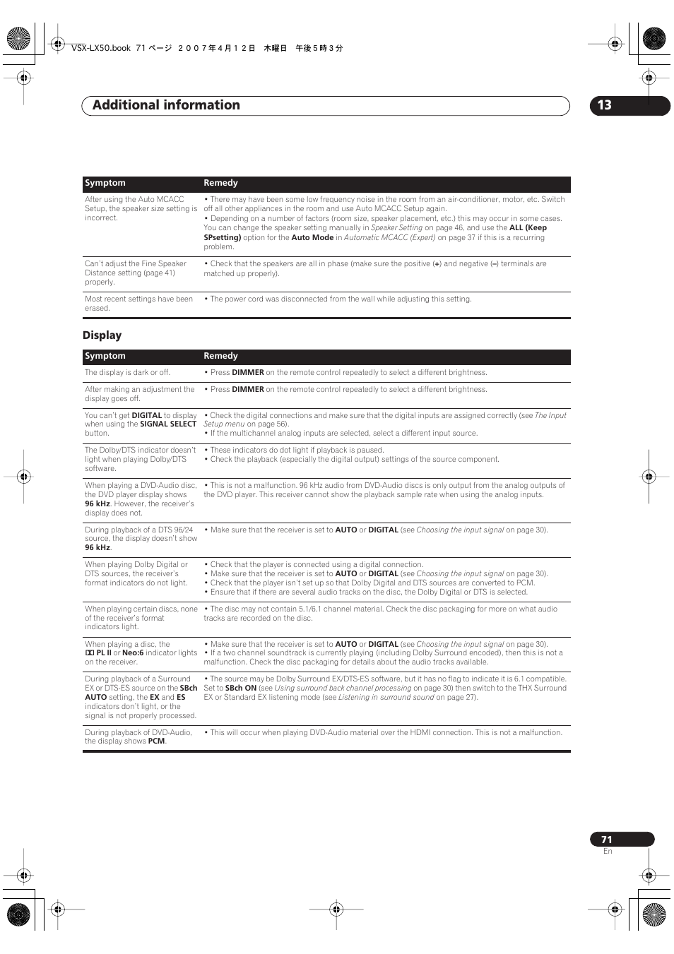 Display, Additional information 13 | Pioneer VSX-LX50 User Manual | Page 71 / 82