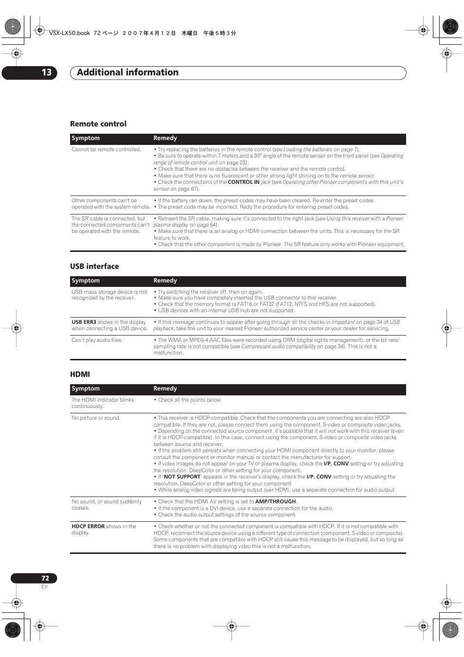 Remote control usb interface hdmi, Additional information 13 | Pioneer VSX-LX50 User Manual | Page 72 / 82