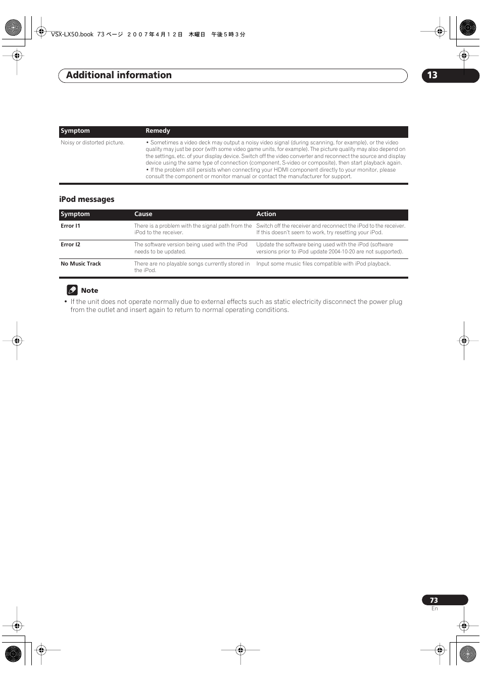 Ipod messages, Additional information 13 | Pioneer VSX-LX50 User Manual | Page 73 / 82