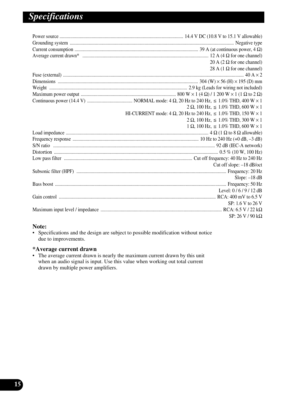 Specifications | Pioneer Premier PRS-D1100M User Manual | Page 16 / 113