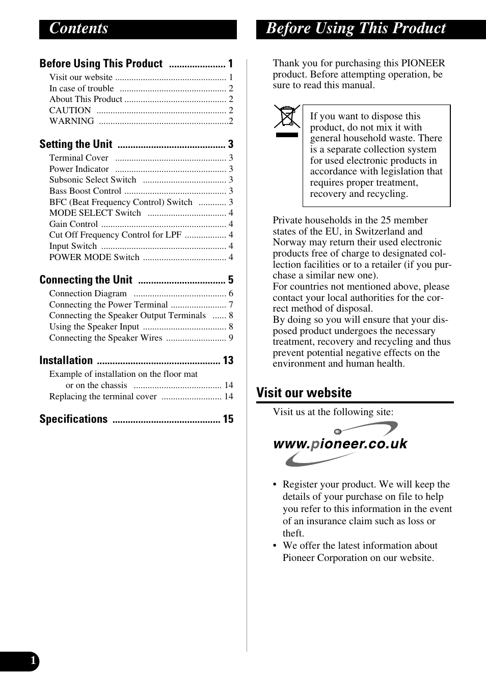 English, Contents before using this product, Visit our website | Pioneer Premier PRS-D1100M User Manual | Page 2 / 113