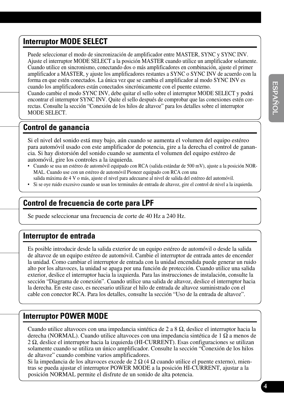 Control de ganancia, Interruptor de entrada, Control de frecuencia de corte para lpf | Interruptor mode select, Interruptor power mode | Pioneer Premier PRS-D1100M User Manual | Page 21 / 113