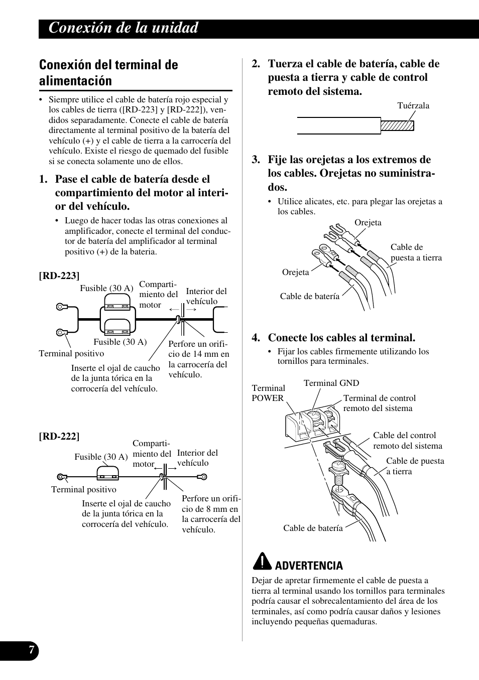 Conexión del terminal de alimentación, Conexión de la unidad | Pioneer Premier PRS-D1100M User Manual | Page 24 / 113