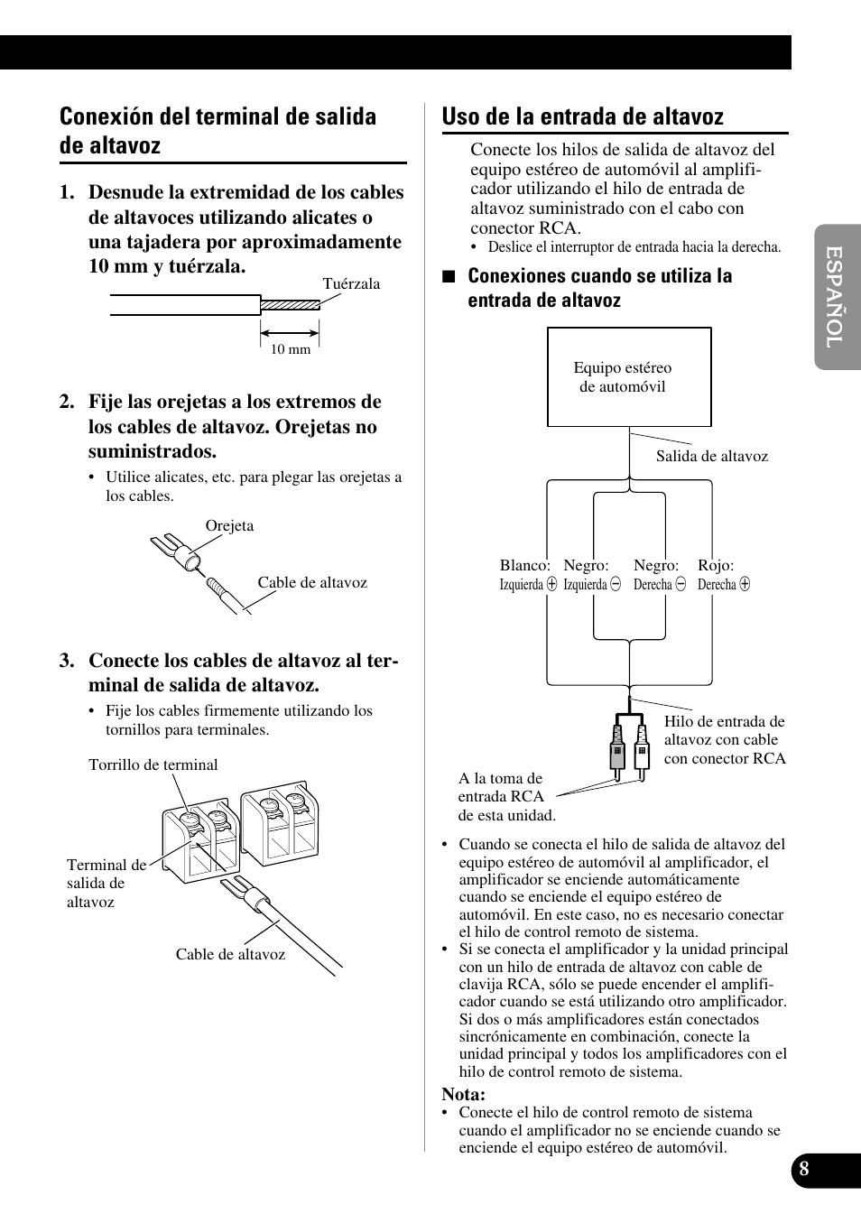 Conexión del terminal de salida de altavoz, Uso de la entrada de altavoz | Pioneer Premier PRS-D1100M User Manual | Page 25 / 113