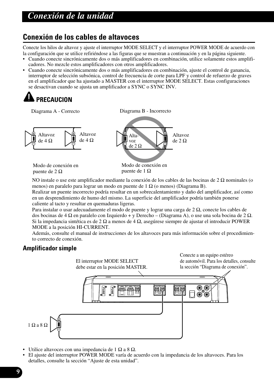 Conexión de los cables de altavoces, Conexión de la unidad | Pioneer Premier PRS-D1100M User Manual | Page 26 / 113