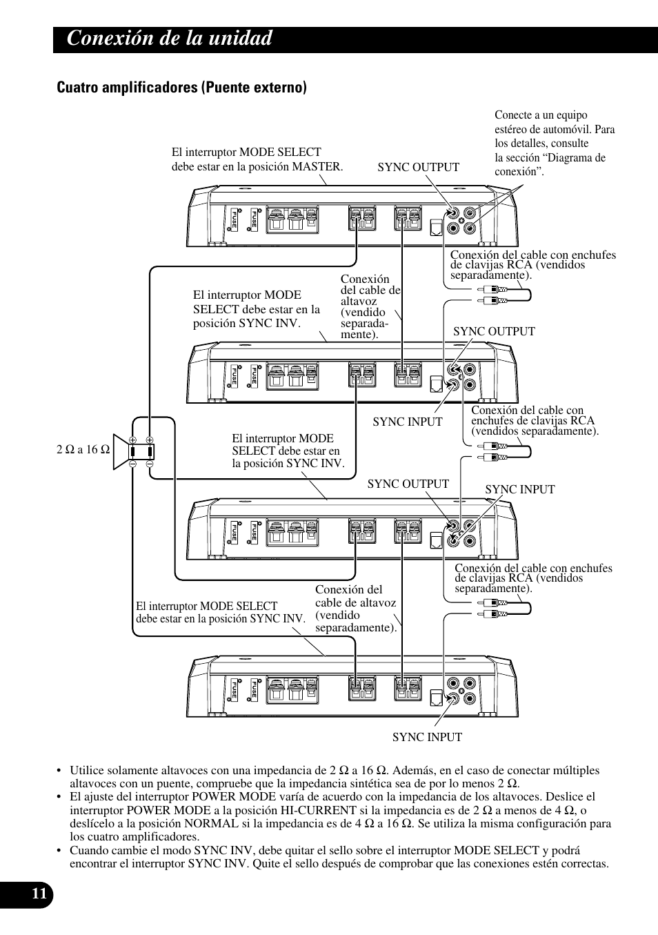 Conexión de la unidad, Cuatro amplificadores (puente externo) | Pioneer Premier PRS-D1100M User Manual | Page 28 / 113