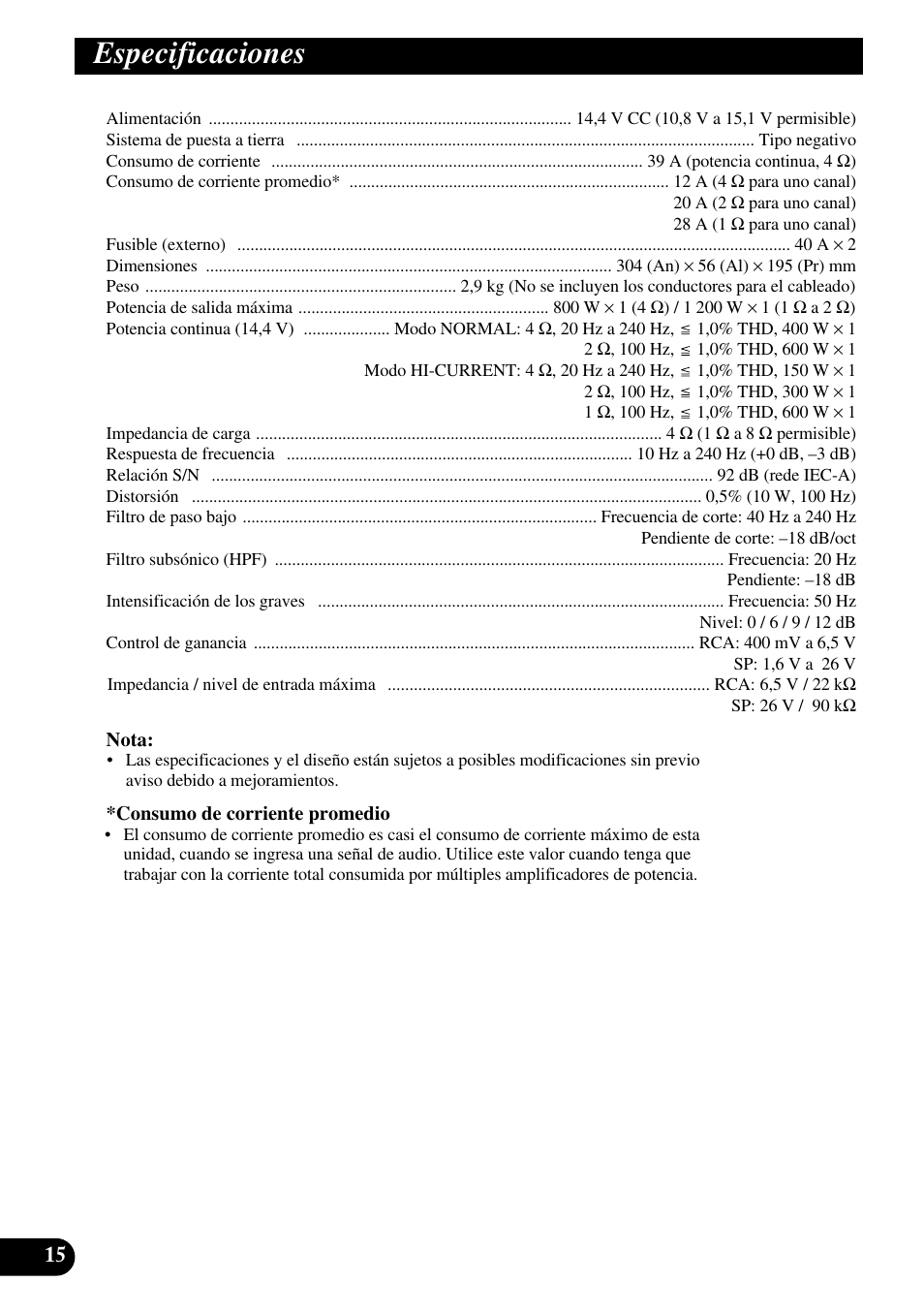 Especificaciones | Pioneer Premier PRS-D1100M User Manual | Page 32 / 113