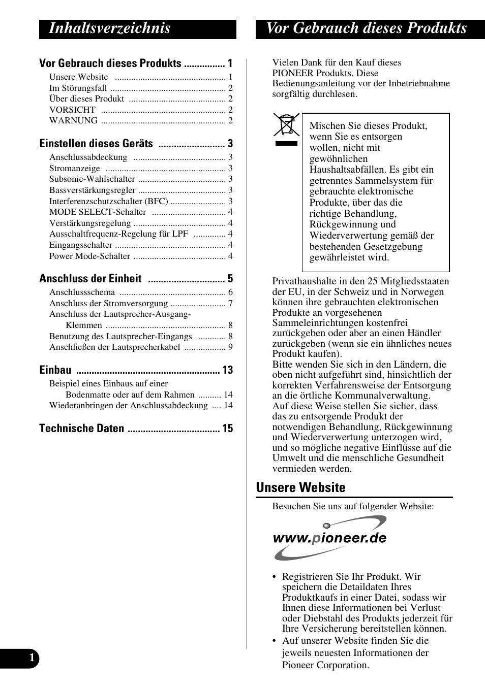 Deutsch, Inhaltsverzeichnis vor gebrauch dieses produkts, Unsere website | Pioneer Premier PRS-D1100M User Manual | Page 34 / 113