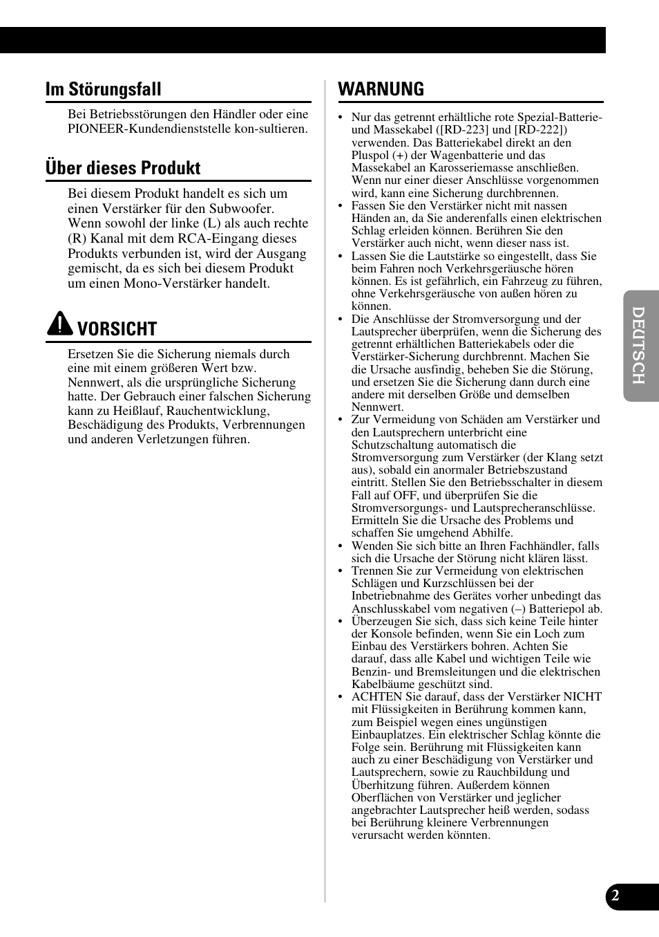 Im störungsfall, Über dieses produkt, Vorsicht | Warnung | Pioneer Premier PRS-D1100M User Manual | Page 35 / 113