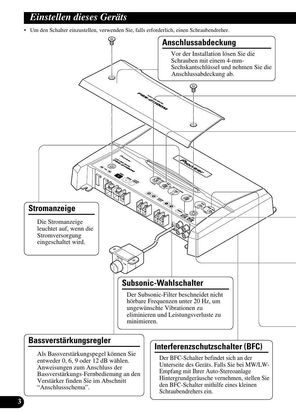 Einstellen dieses geräts, Stromanzeige, Interferenzschutzschalter (bfc) | Anschlussabdeckung, Bassverstärkungsregler, Subsonic-wahlschalter | Pioneer Premier PRS-D1100M User Manual | Page 36 / 113