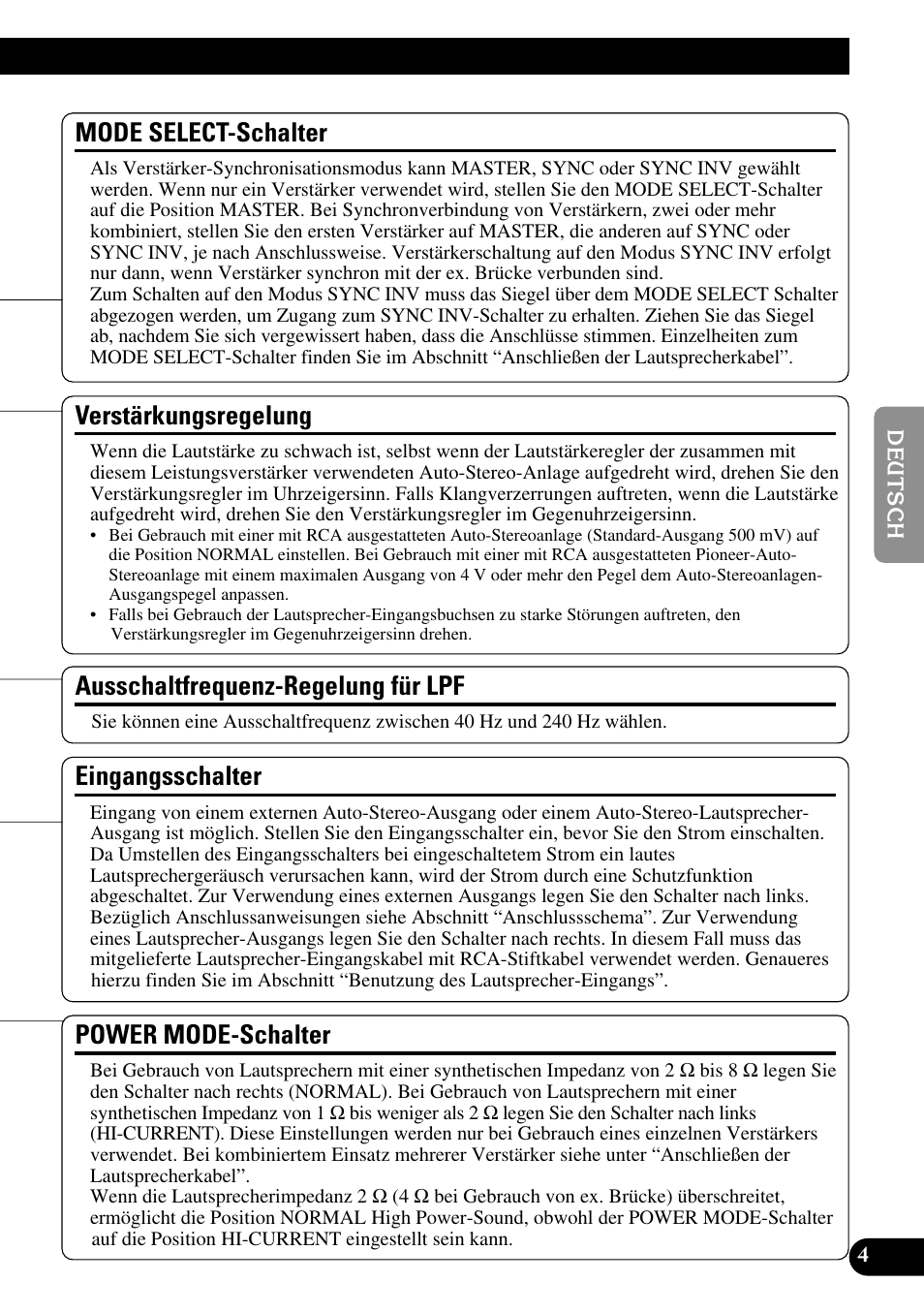 Verstärkungsregelung, Eingangsschalter, Ausschaltfrequenz-regelung für lpf | Mode select-schalter, Power mode-schalter | Pioneer Premier PRS-D1100M User Manual | Page 37 / 113