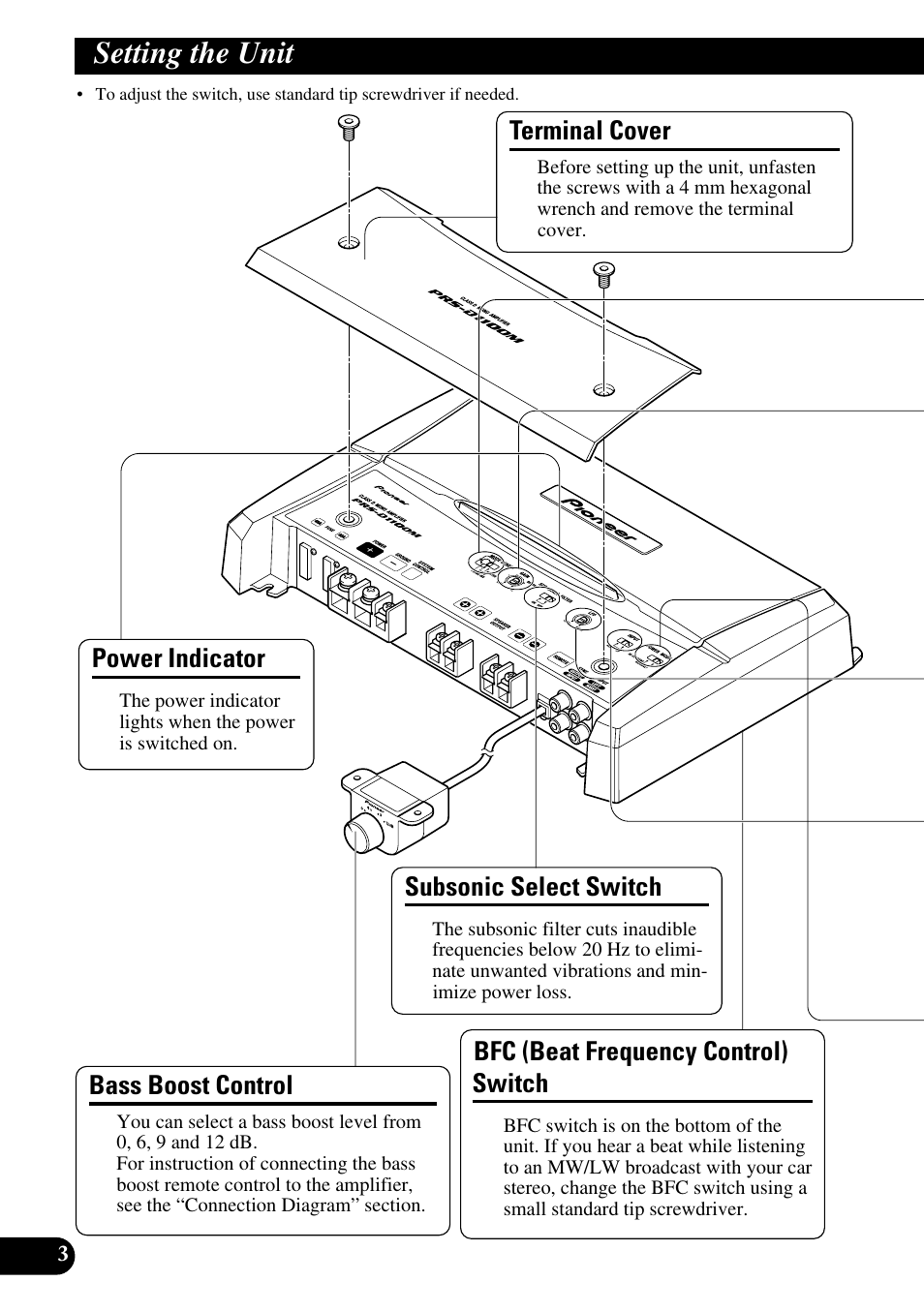 Setting the unit, Power indicator, Terminal cover | Bass boost control, Bfc (beat frequency control) switch, Subsonic select switch | Pioneer Premier PRS-D1100M User Manual | Page 4 / 113