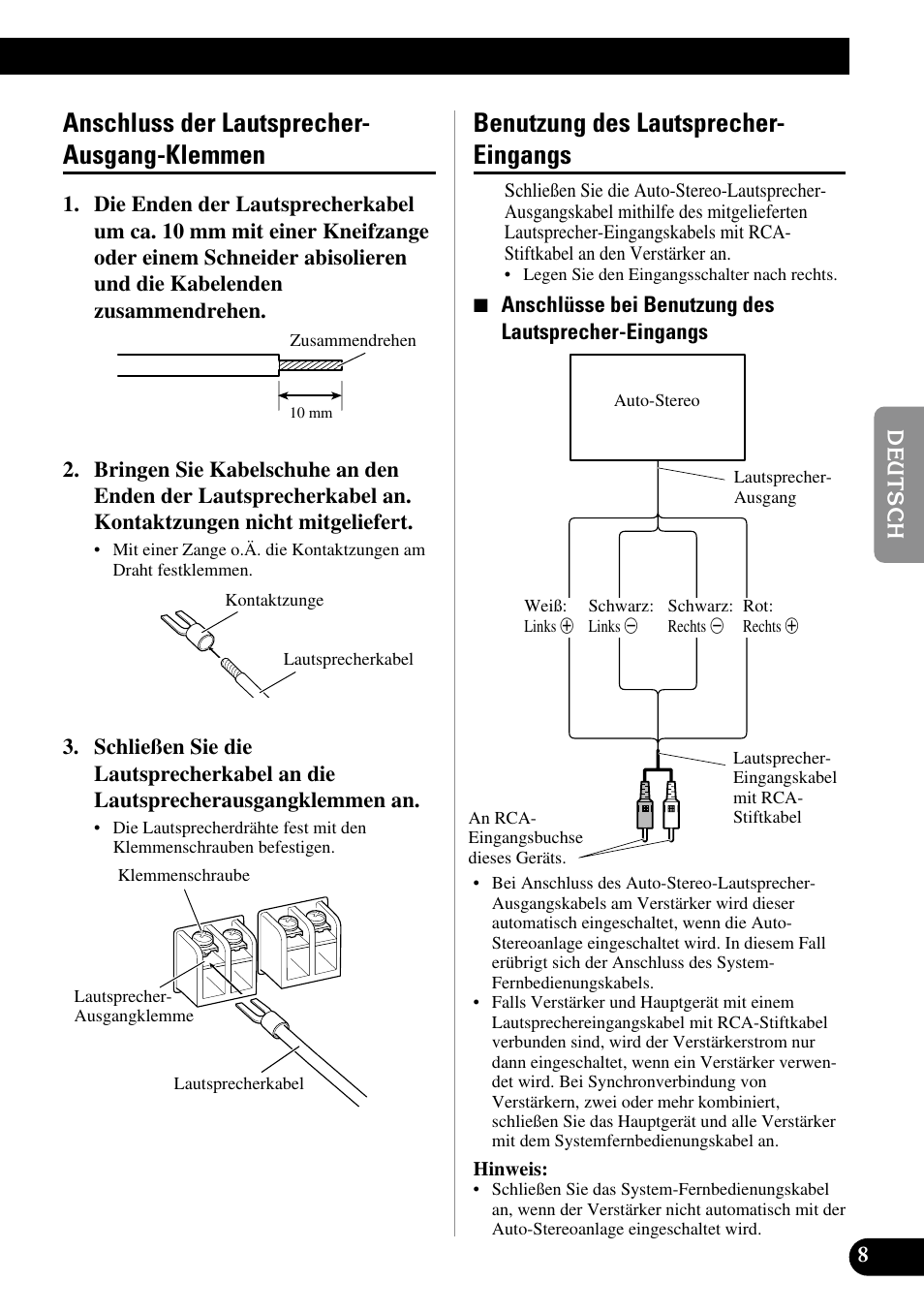 Anschluss der lautsprecher-ausgang, Klemmen, Benutzung des lautsprecher-eingangs | Anschluss der lautsprecher- ausgang-klemmen, Benutzung des lautsprecher- eingangs | Pioneer Premier PRS-D1100M User Manual | Page 41 / 113