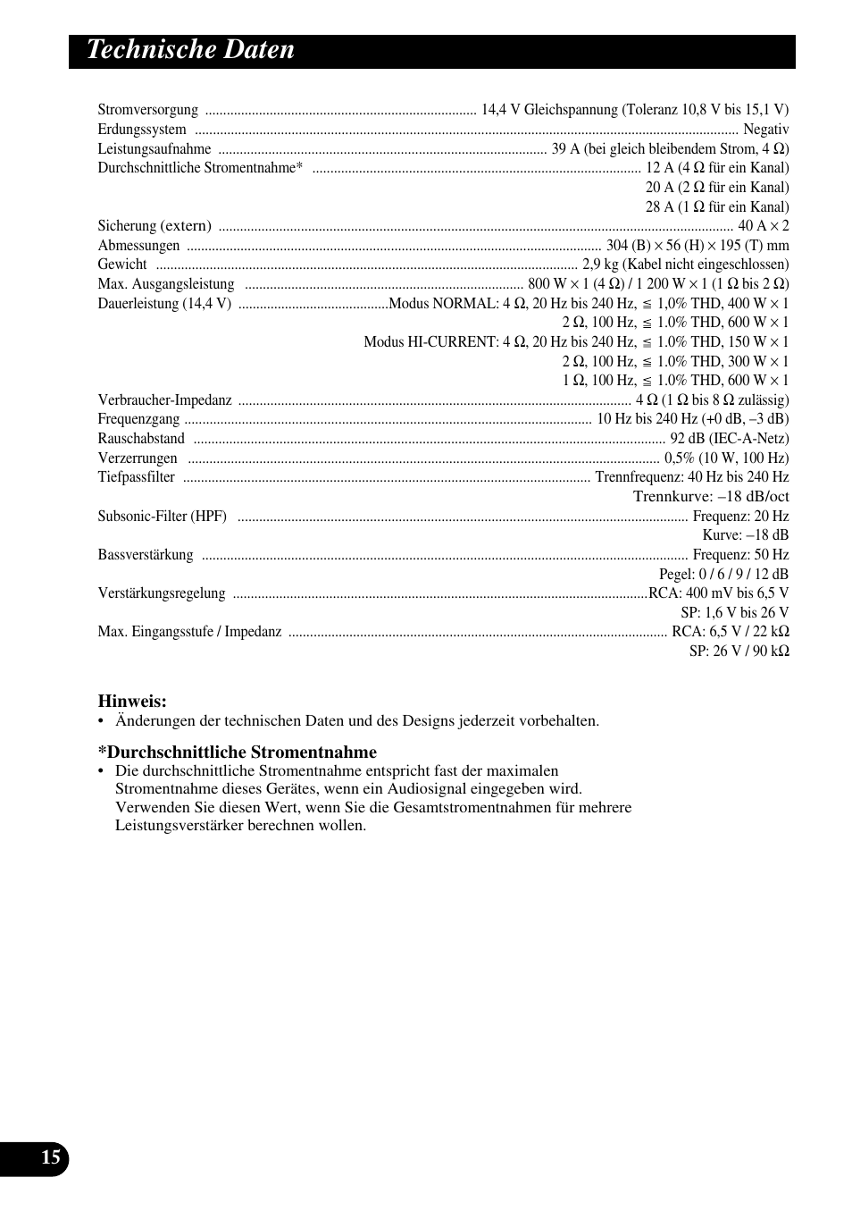 Technische daten | Pioneer Premier PRS-D1100M User Manual | Page 48 / 113