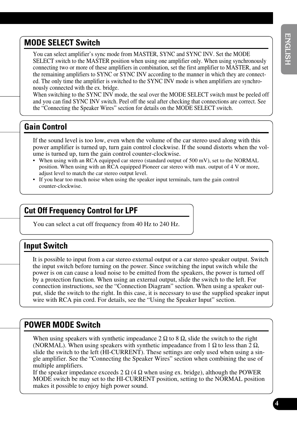 Gain control, Input switch, Mode select switch | Power mode switch, Cut off frequency control for lpf | Pioneer Premier PRS-D1100M User Manual | Page 5 / 113