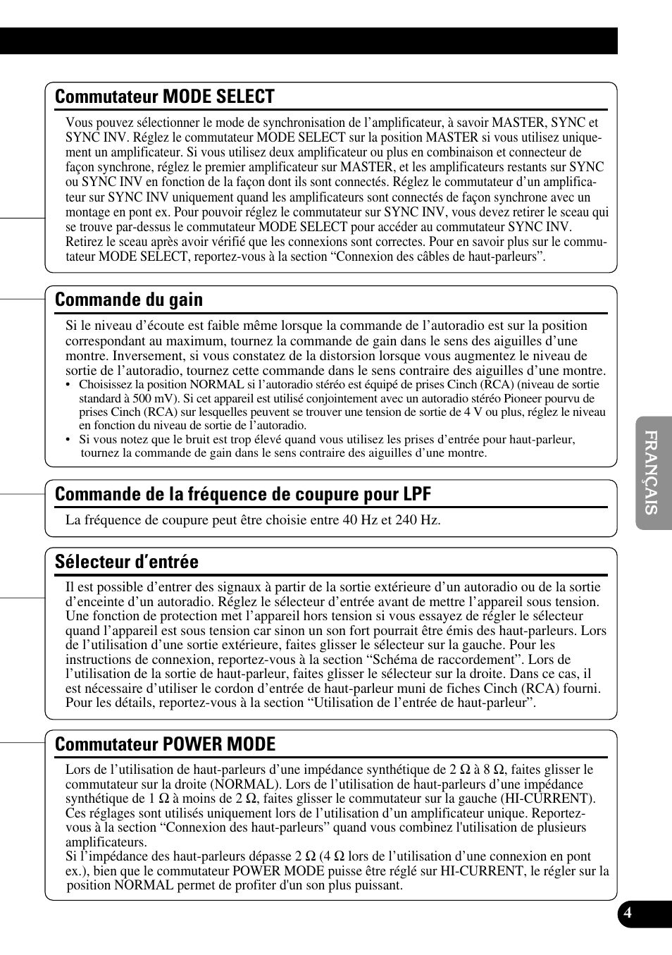 Coupure pour lpf, Sélecteur d’entrée commutateur power mode, Commande du gain | Sélecteur d’entrée, Commande de la fréquence de coupure pour lpf, Commutateur mode select, Commutateur power mode | Pioneer Premier PRS-D1100M User Manual | Page 53 / 113