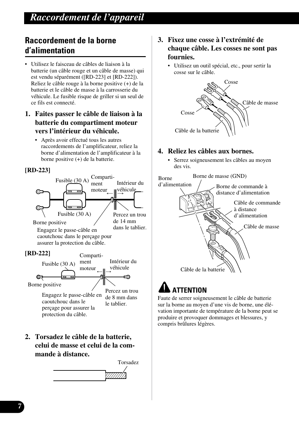 Raccordement de la borne d’alimentation, Raccordement de l’appareil | Pioneer Premier PRS-D1100M User Manual | Page 56 / 113