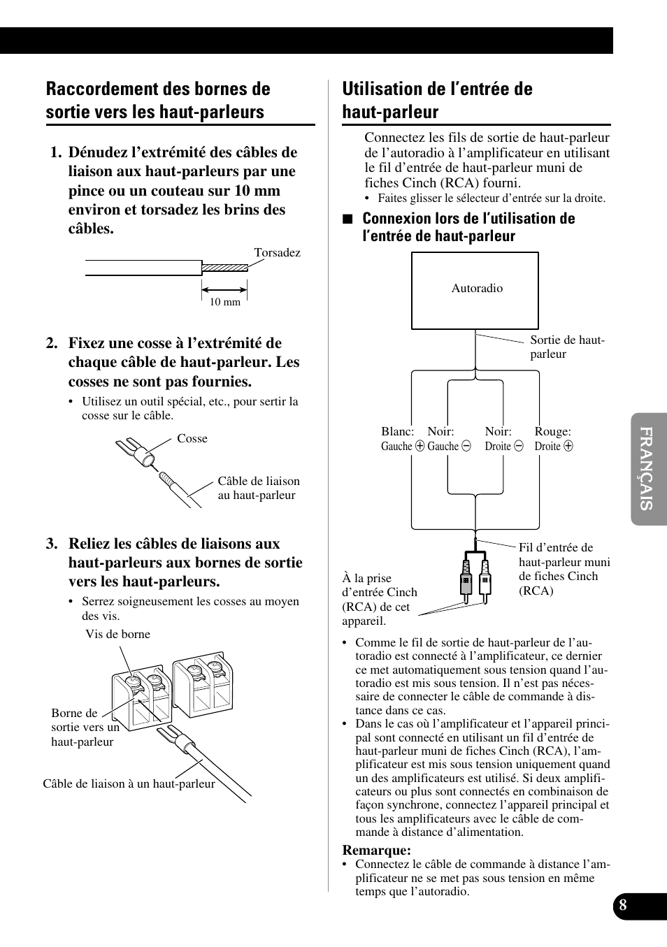 Raccordement des bornes de sortie vers, Les haut-parleurs, Utilisation de l’entrée de haut-parleur | Pioneer Premier PRS-D1100M User Manual | Page 57 / 113