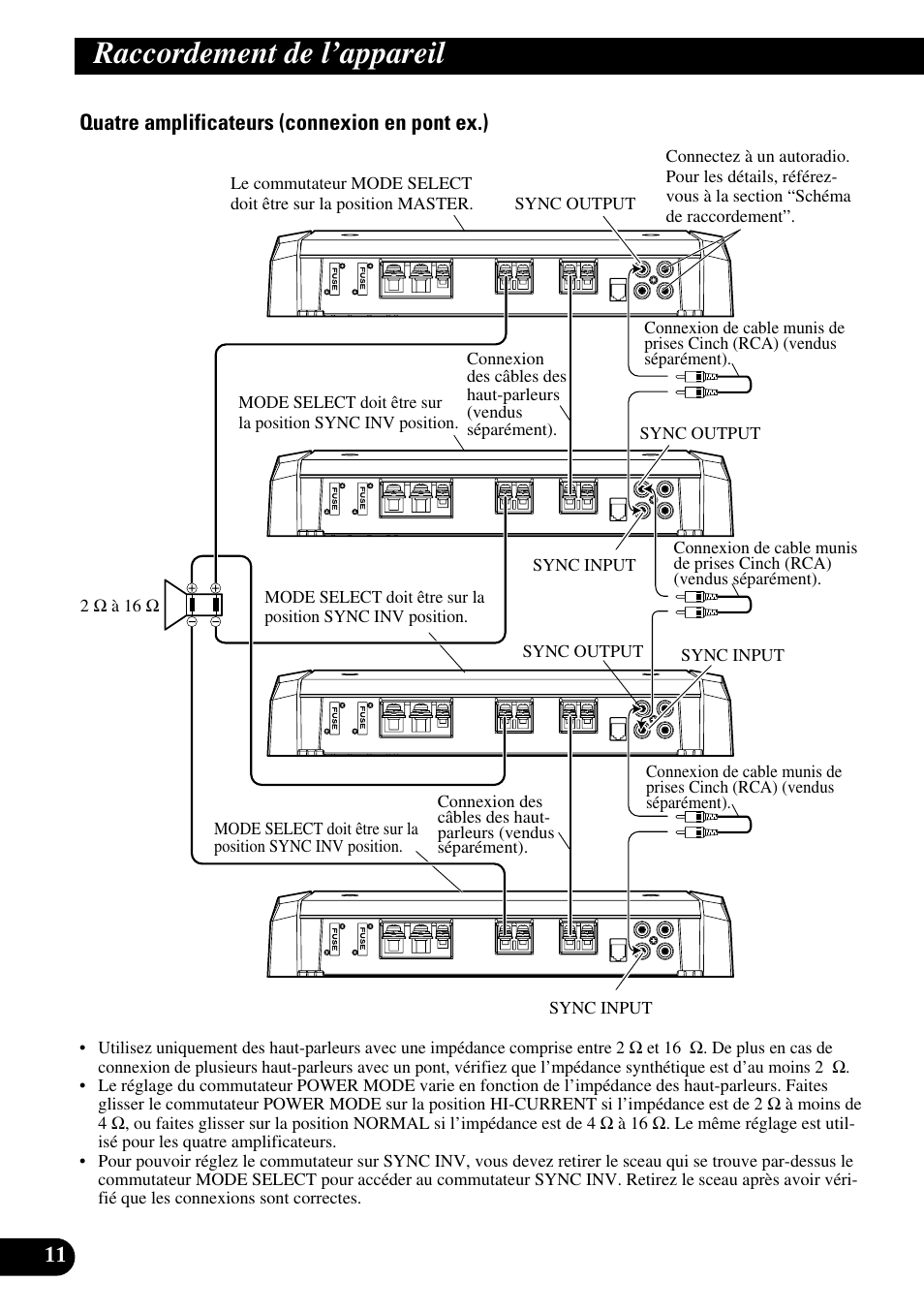 Raccordement de l’appareil, Quatre amplificateurs (connexion en pont ex.) | Pioneer Premier PRS-D1100M User Manual | Page 60 / 113