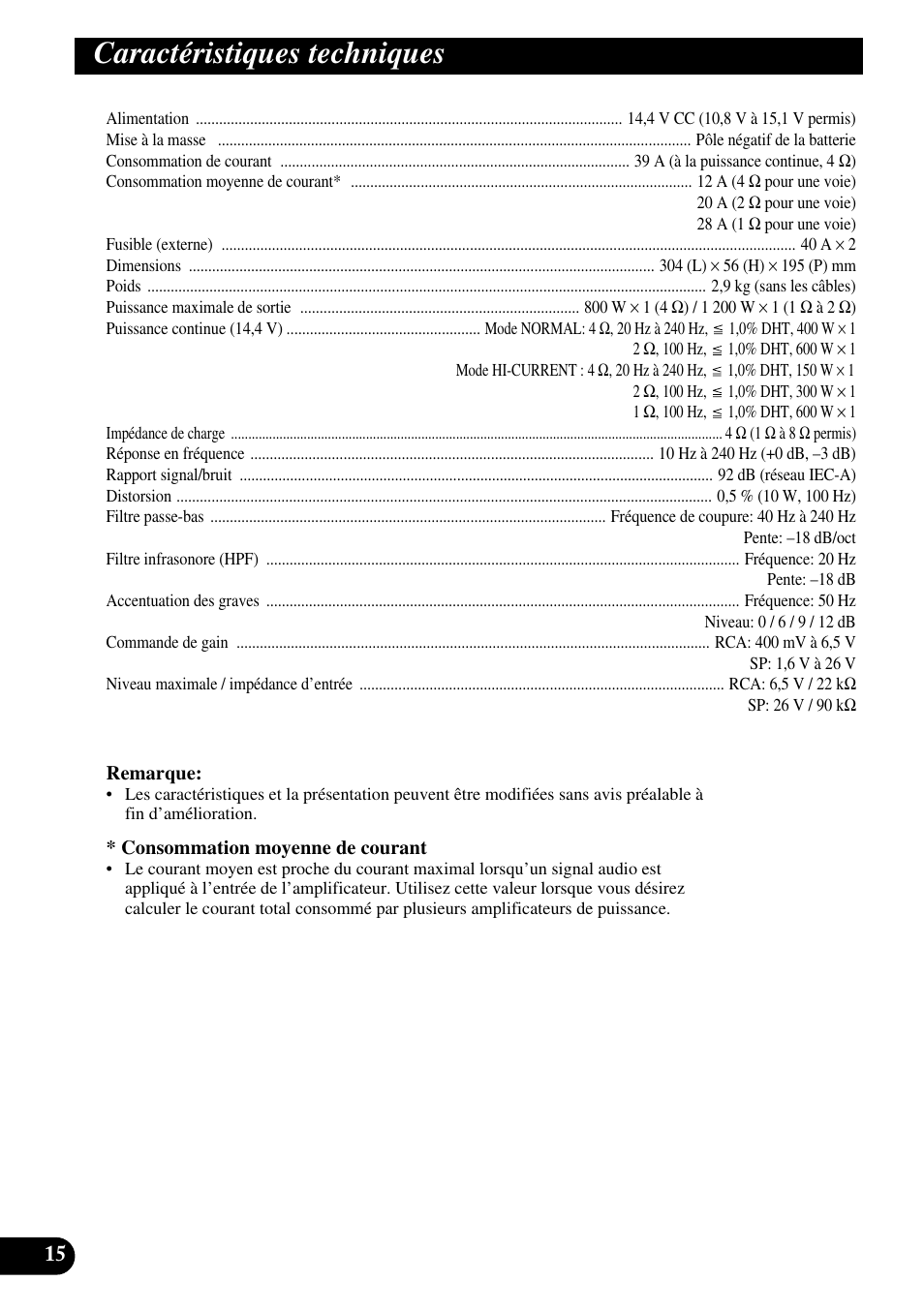 Caractéristiques techniques | Pioneer Premier PRS-D1100M User Manual | Page 64 / 113