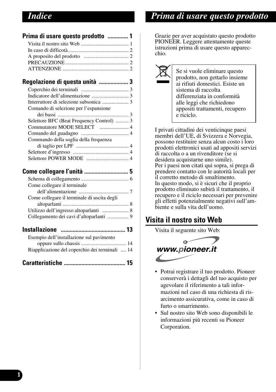 Italiano, Indice prima di usare questo prodotto, Visita il nostro sito web | Pioneer Premier PRS-D1100M User Manual | Page 66 / 113