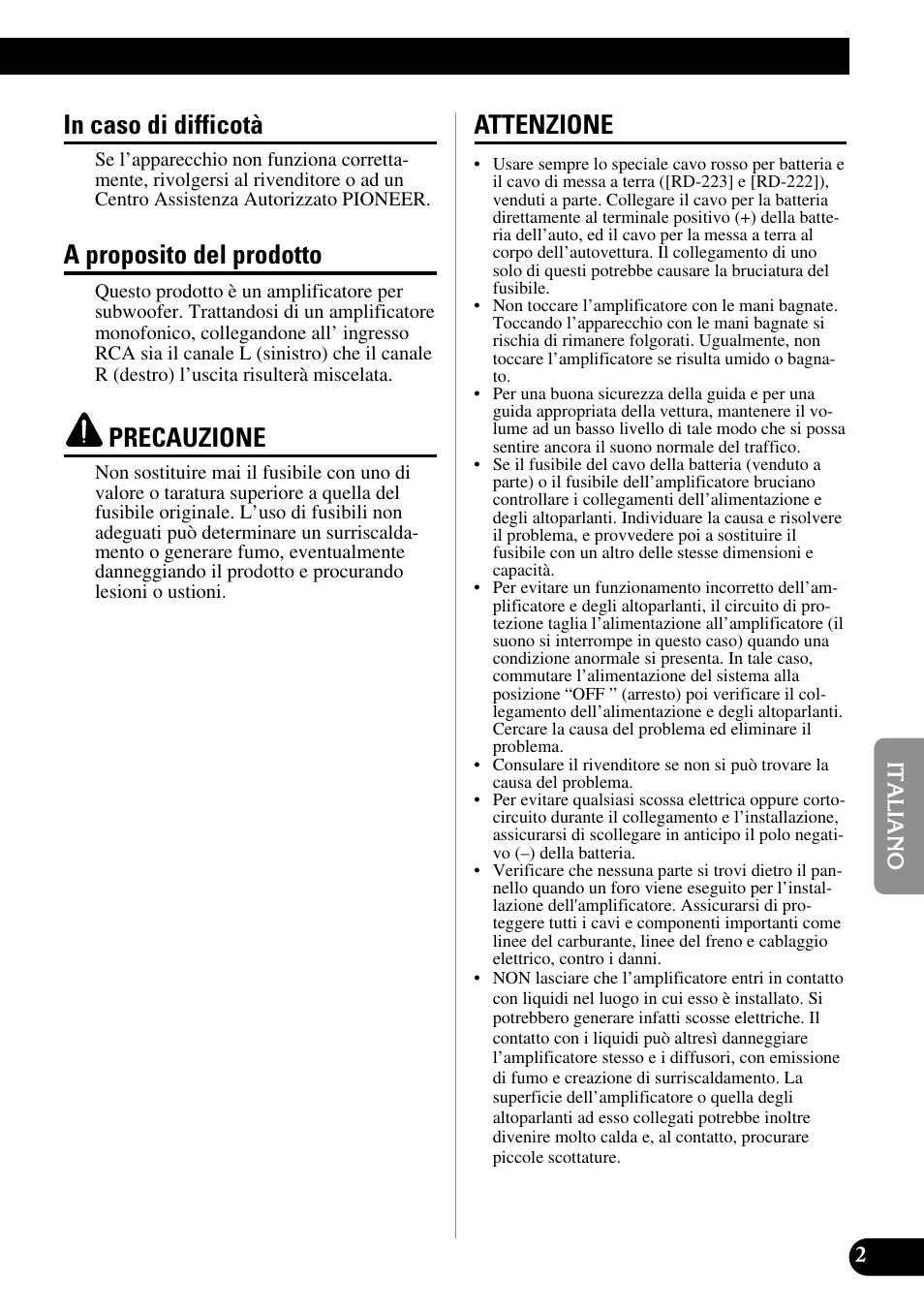 A proposito del prodotto, Precauzione, Attenzione | Pioneer Premier PRS-D1100M User Manual | Page 67 / 113