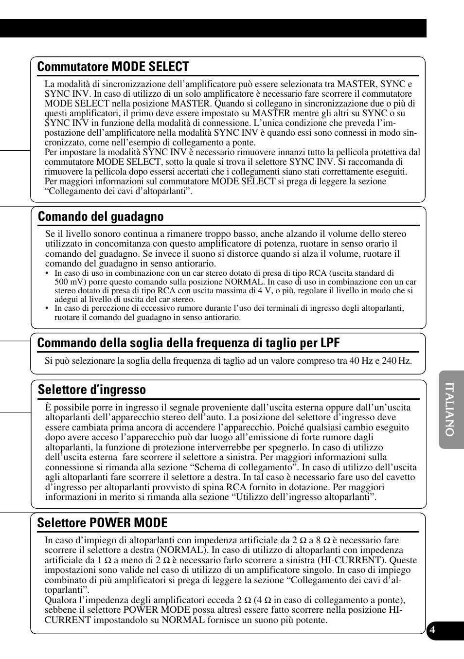 Di taglio per lpf, Selettore d’ingresso selettore power mode, Comando del guadagno | Selettore d’ingresso, Commutatore mode select, Selettore power mode | Pioneer Premier PRS-D1100M User Manual | Page 69 / 113