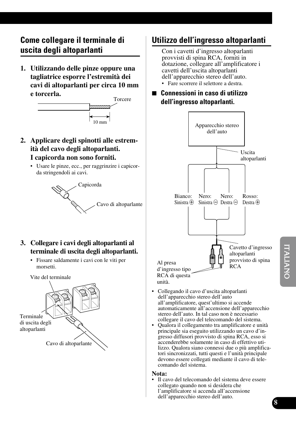 Come collegare il terminale di uscita degli, Altoparlanti, Utilizzo dell’ingresso altoparlanti | Pioneer Premier PRS-D1100M User Manual | Page 73 / 113