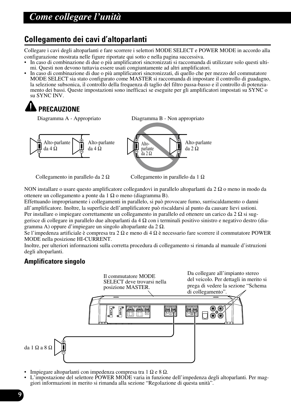 Collegamento dei cavi d’altoparlanti, Come collegare l’unità | Pioneer Premier PRS-D1100M User Manual | Page 74 / 113