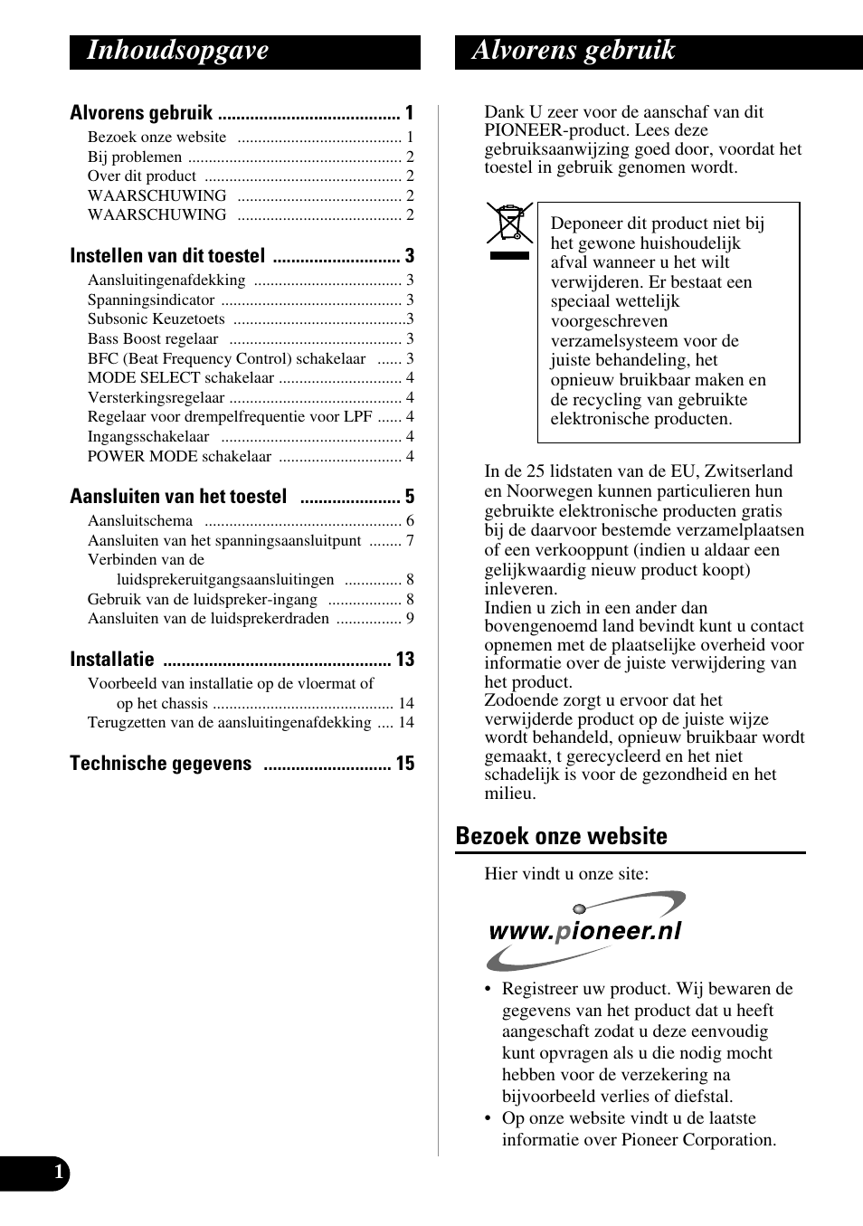 Nederlands, Inhoudsopgave alvorens gebruik, Bezoek onze website | Pioneer Premier PRS-D1100M User Manual | Page 82 / 113