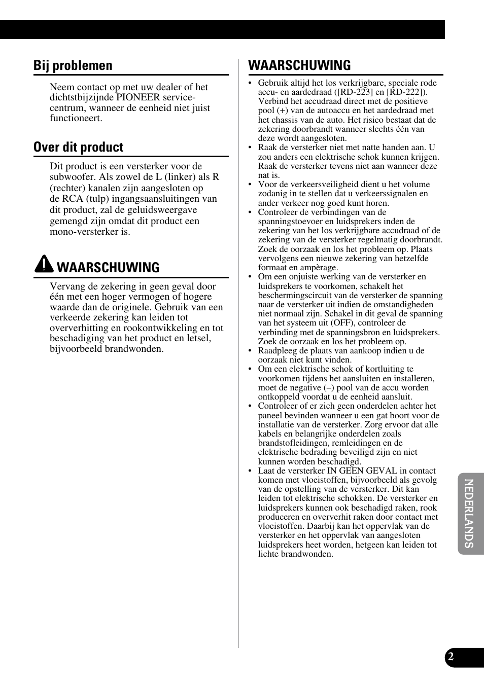 Bij problemen, Over dit product, Waarschuwing | Pioneer Premier PRS-D1100M User Manual | Page 83 / 113