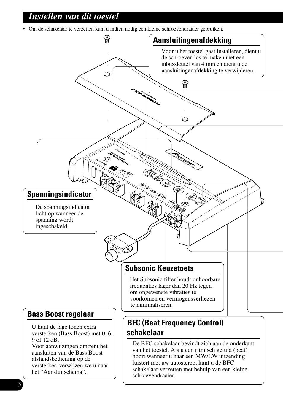 Instellen van dit toestel, Spanningsindicator, Aansluitingenafdekking | Bass boost regelaar, Bfc (beat frequency control) schakelaar, Subsonic keuzetoets | Pioneer Premier PRS-D1100M User Manual | Page 84 / 113