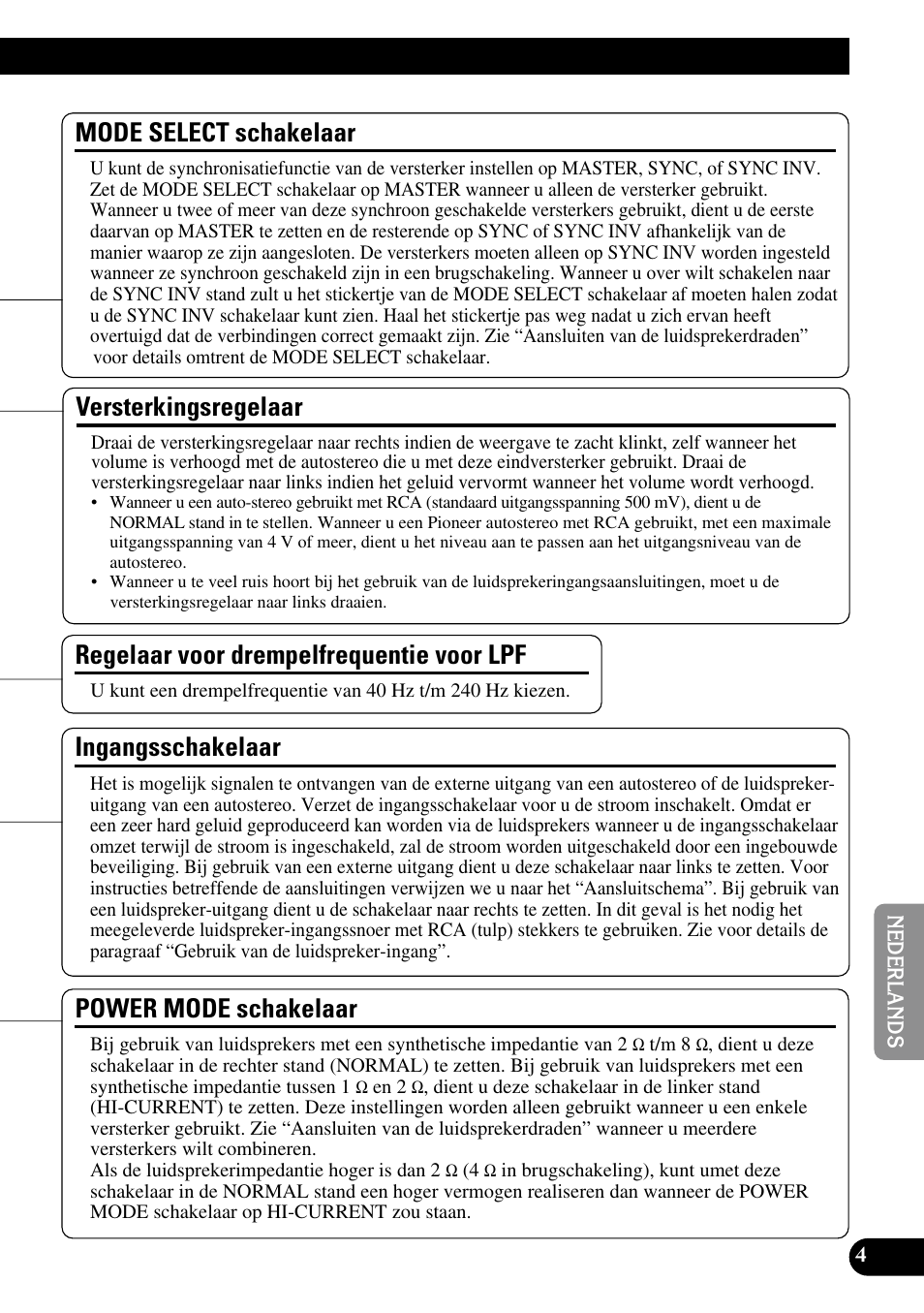 Versterkingsregelaar, Ingangsschakelaar, Power mode schakelaar | Regelaar voor drempelfrequentie voor lpf, Mode select schakelaar | Pioneer Premier PRS-D1100M User Manual | Page 85 / 113