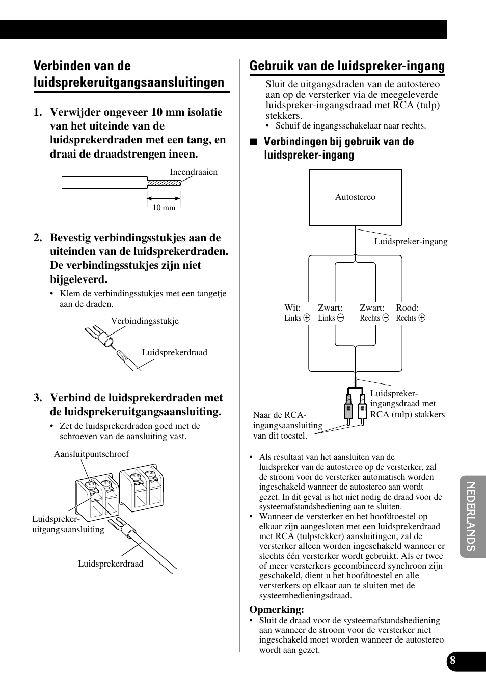 Verbinden van de, Luidsprekeruitgangsaansluitingen, Gebruik van de luidspreker-ingang | Verbinden van de luidsprekeruitgangsaansluitingen | Pioneer Premier PRS-D1100M User Manual | Page 89 / 113