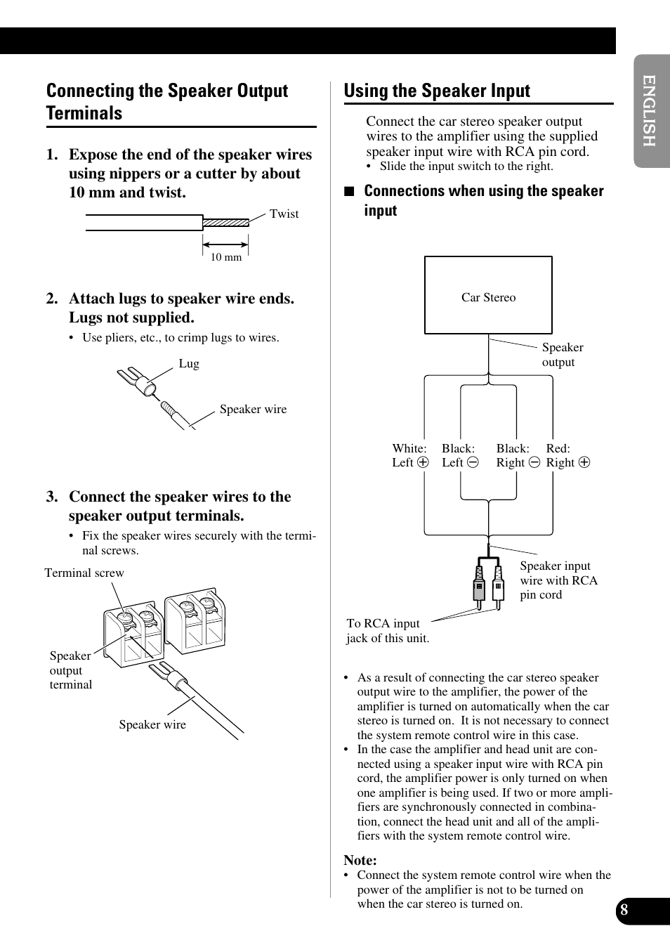 Connecting the speaker output terminals, Using the speaker input | Pioneer Premier PRS-D1100M User Manual | Page 9 / 113