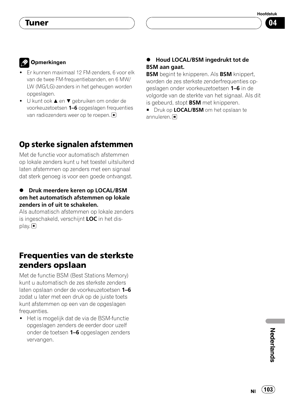 Op sterke signalen afstemmen 103, Frequenties van de sterkste zenders, Opslaan 103 | Op sterke signalen afstemmen, Frequenties van de sterkste zenders opslaan, Tuner | Pioneer DEH-2700RB User Manual | Page 103 / 116