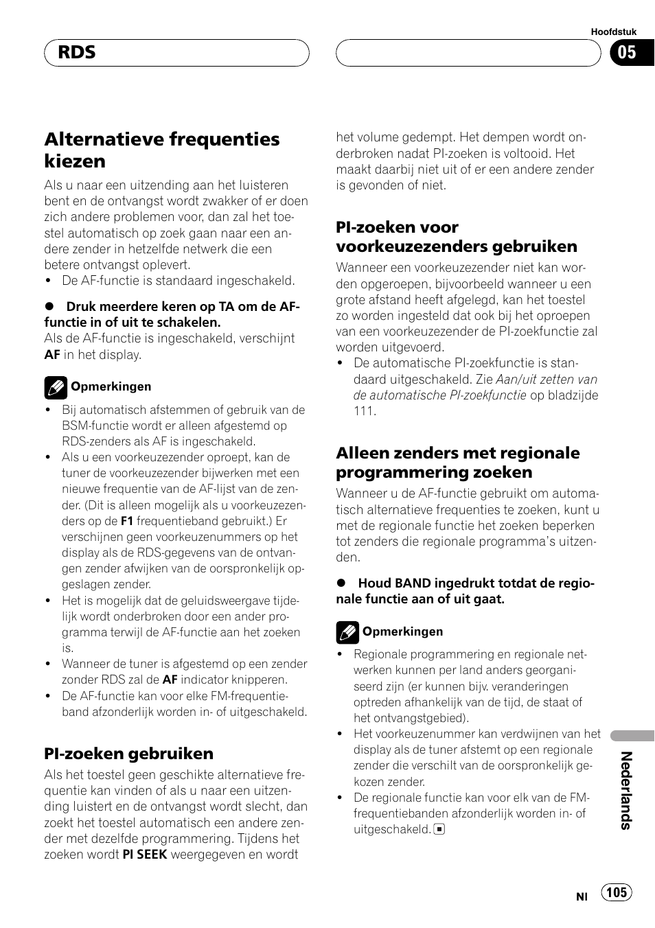 Alternatieve frequenties kiezen 105, Pi-zoeken gebruiken 105, Pi-zoeken voor voorkeuzezenders | Gebruiken 105, Alleen zenders met regionale, Programmering zoeken 105, Alternatieve frequenties kiezen, Pi-zoeken gebruiken, Pi-zoeken voor voorkeuzezenders gebruiken, Alleen zenders met regionale programmering zoeken | Pioneer DEH-2700RB User Manual | Page 105 / 116