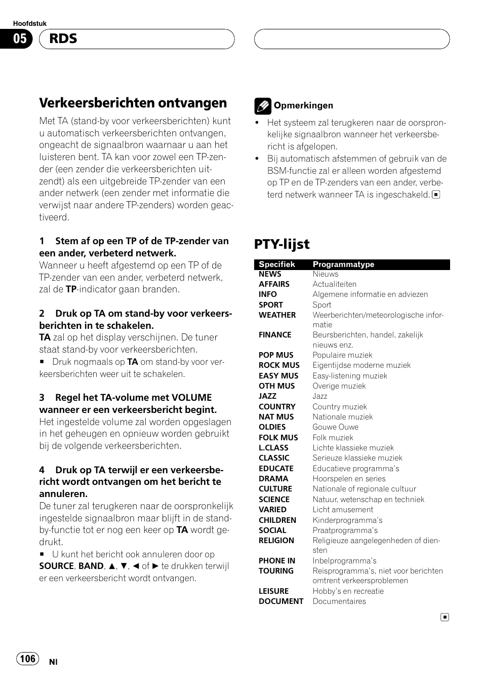 Verkeersberichten ontvangen 106, Pty-lijst 106, Verkeersberichten ontvangen | Pty-lijst | Pioneer DEH-2700RB User Manual | Page 106 / 116