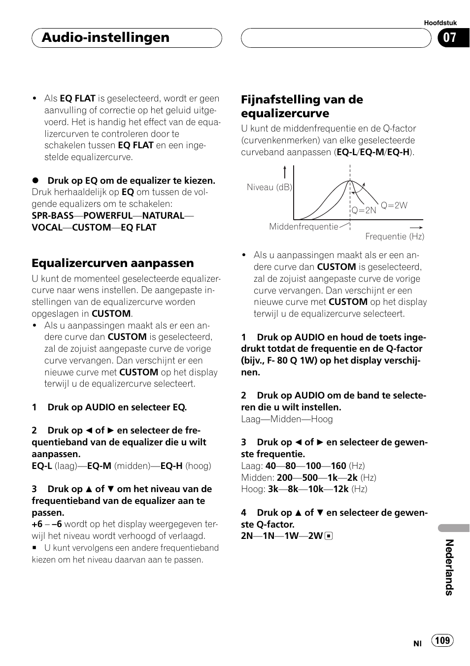 Equalizercurven aanpassen 109, Fijnafstelling van de, Equalizercurve 109 | Audio-instellingen, Equalizercurven aanpassen, Fijnafstelling van de equalizercurve | Pioneer DEH-2700RB User Manual | Page 109 / 116