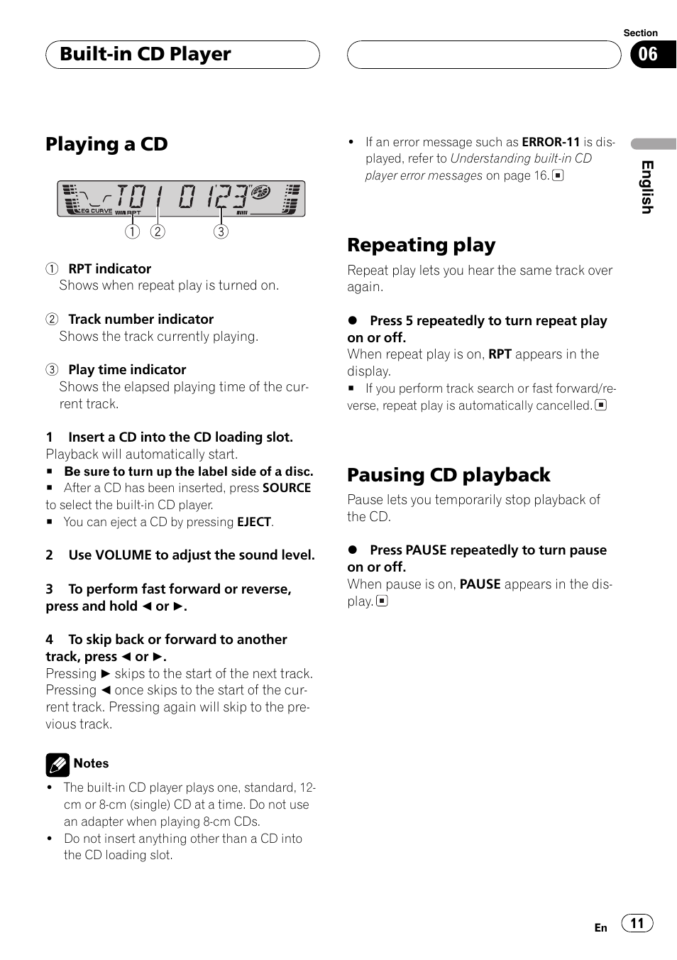 Playing a cd, Repeating play, Pausing cd playback | Built-in cd player | Pioneer DEH-2700RB User Manual | Page 11 / 116