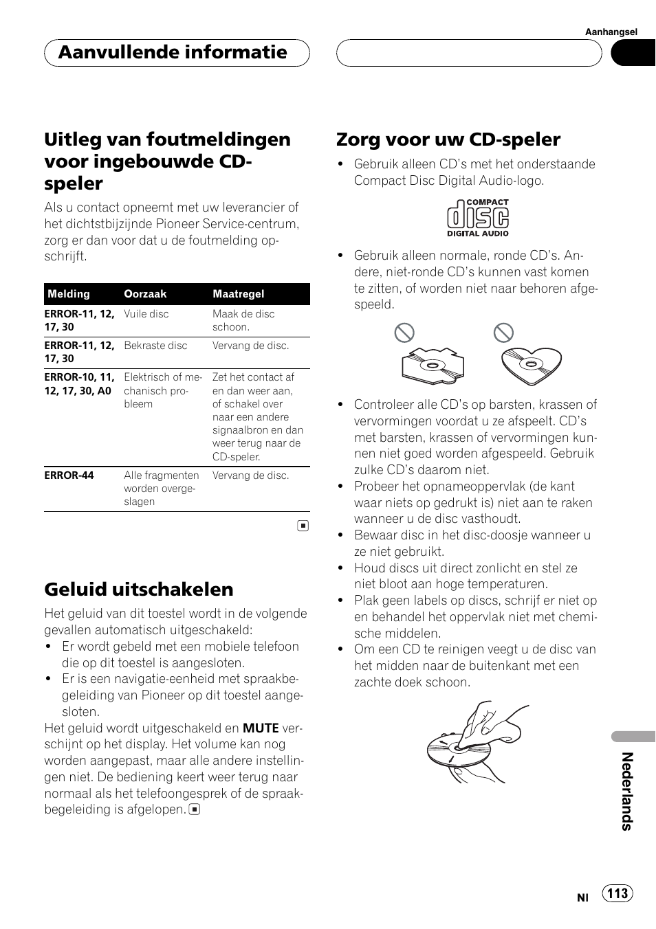 Aanvullende informatie, Uitleg van foutmeldingen voor ingebouwde, Cd-speler 113 | Geluid uitschakelen 113, Zorg voor uw cd-speler 113, Geluid uitschakelen, Zorg voor uw cd-speler | Pioneer DEH-2700RB User Manual | Page 113 / 116