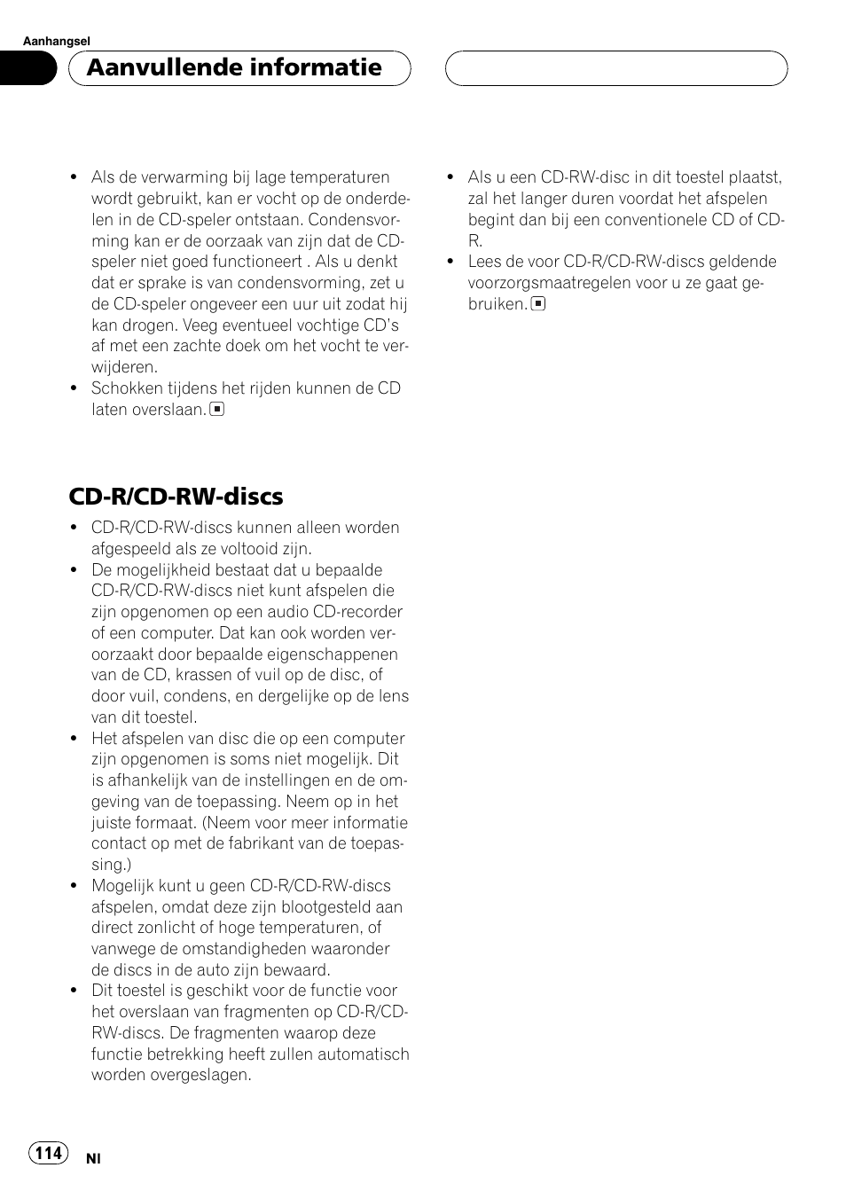 Cd-r/cd-rw-discs 114, Cd-r/cd-rw-discs, Aanvullende informatie | Pioneer DEH-2700RB User Manual | Page 114 / 116