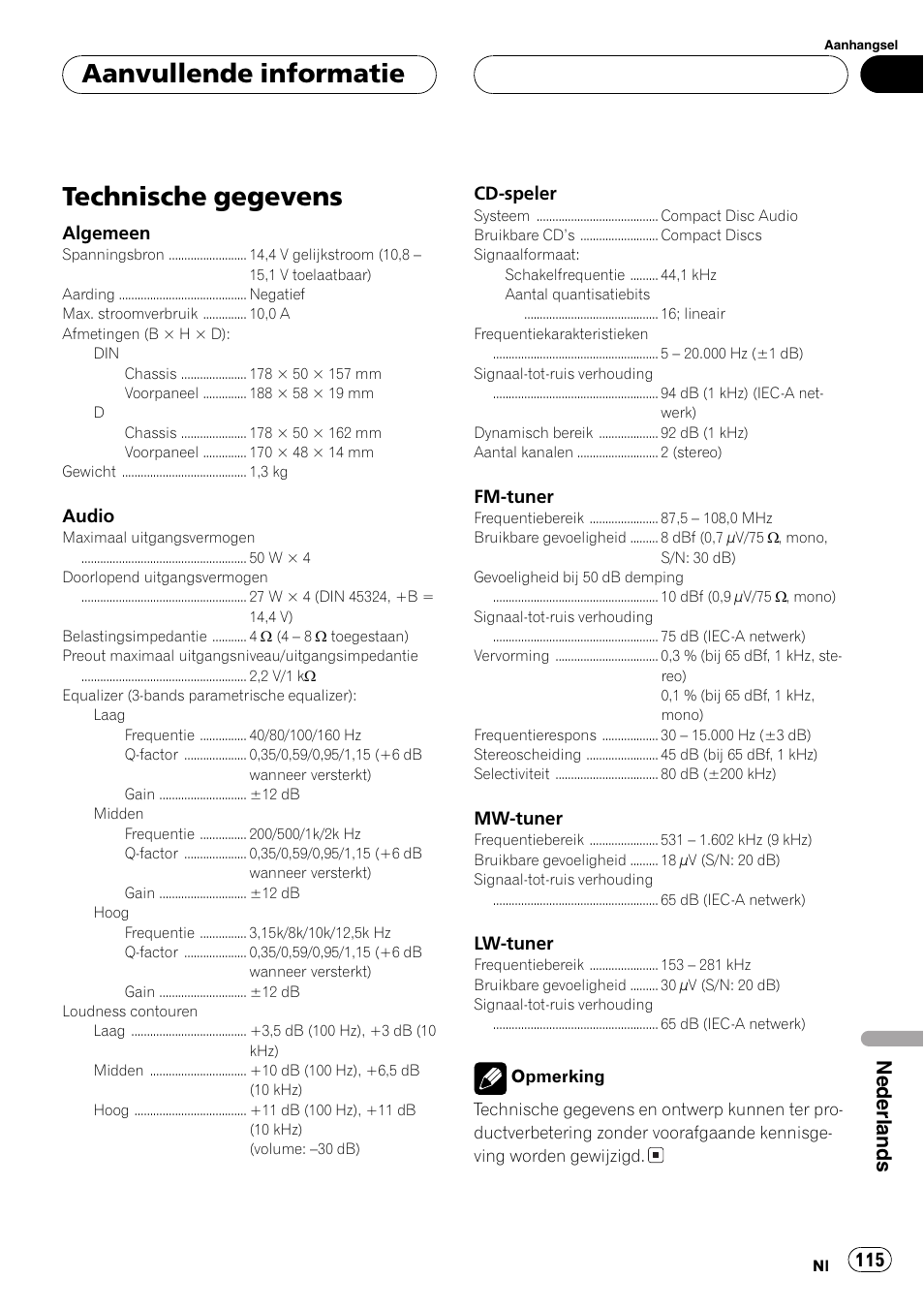 Technische gegevens 115, Technische gegevens, Aanvullende informatie | Nederlands | Pioneer DEH-2700RB User Manual | Page 115 / 116