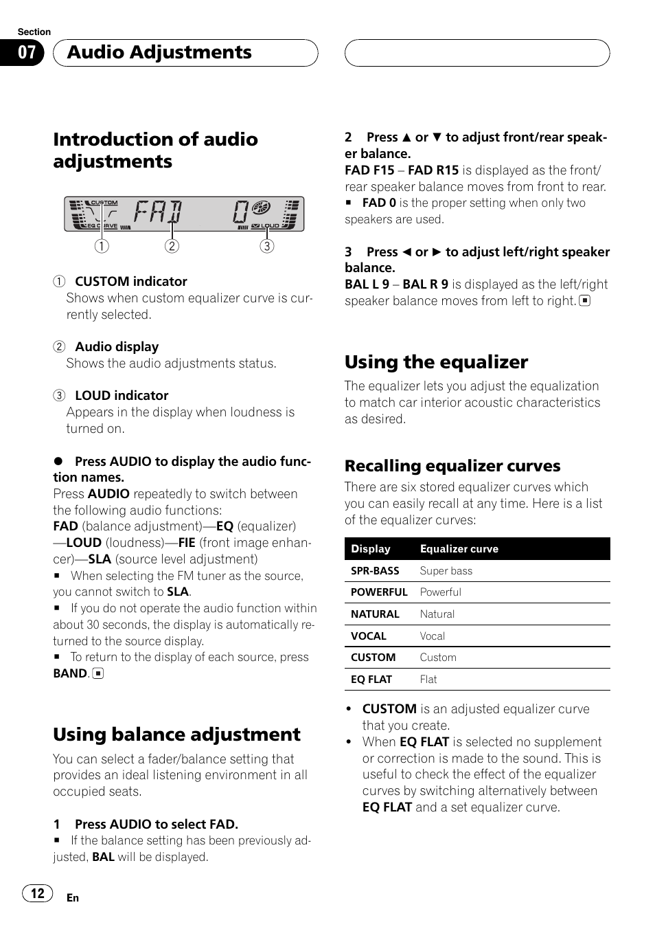 Recalling equalizer curves 12, Introduction of audio adjustments, Using balance adjustment | Using the equalizer, Audio adjustments, Recalling equalizer curves | Pioneer DEH-2700RB User Manual | Page 12 / 116