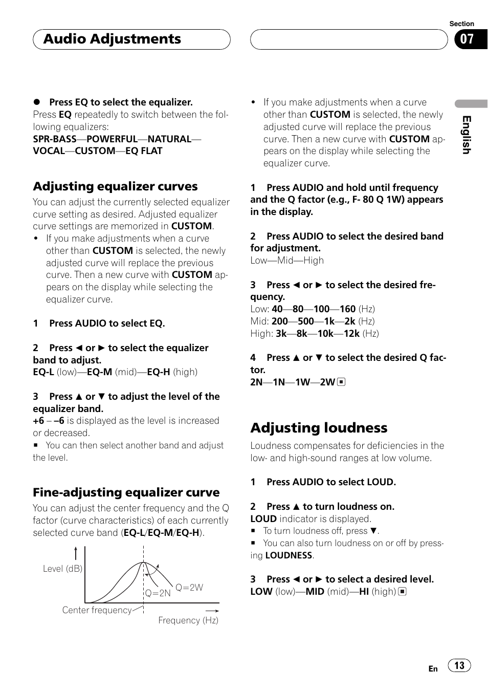 Adjusting equalizer curves 13, Fine-adjusting equalizer curve 13, Adjusting loudness 13 | Adjusting loudness, Audio adjustments, Adjusting equalizer curves, Fine-adjusting equalizer curve | Pioneer DEH-2700RB User Manual | Page 13 / 116