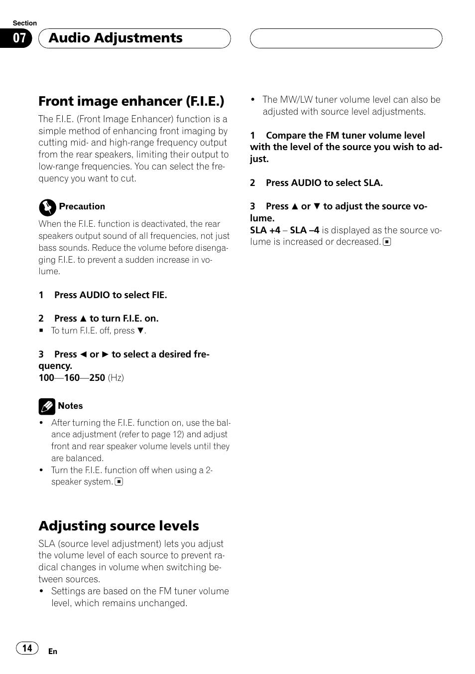 Front image enhancer (f.i.e.), Adjusting source levels, Audio adjustments | Pioneer DEH-2700RB User Manual | Page 14 / 116