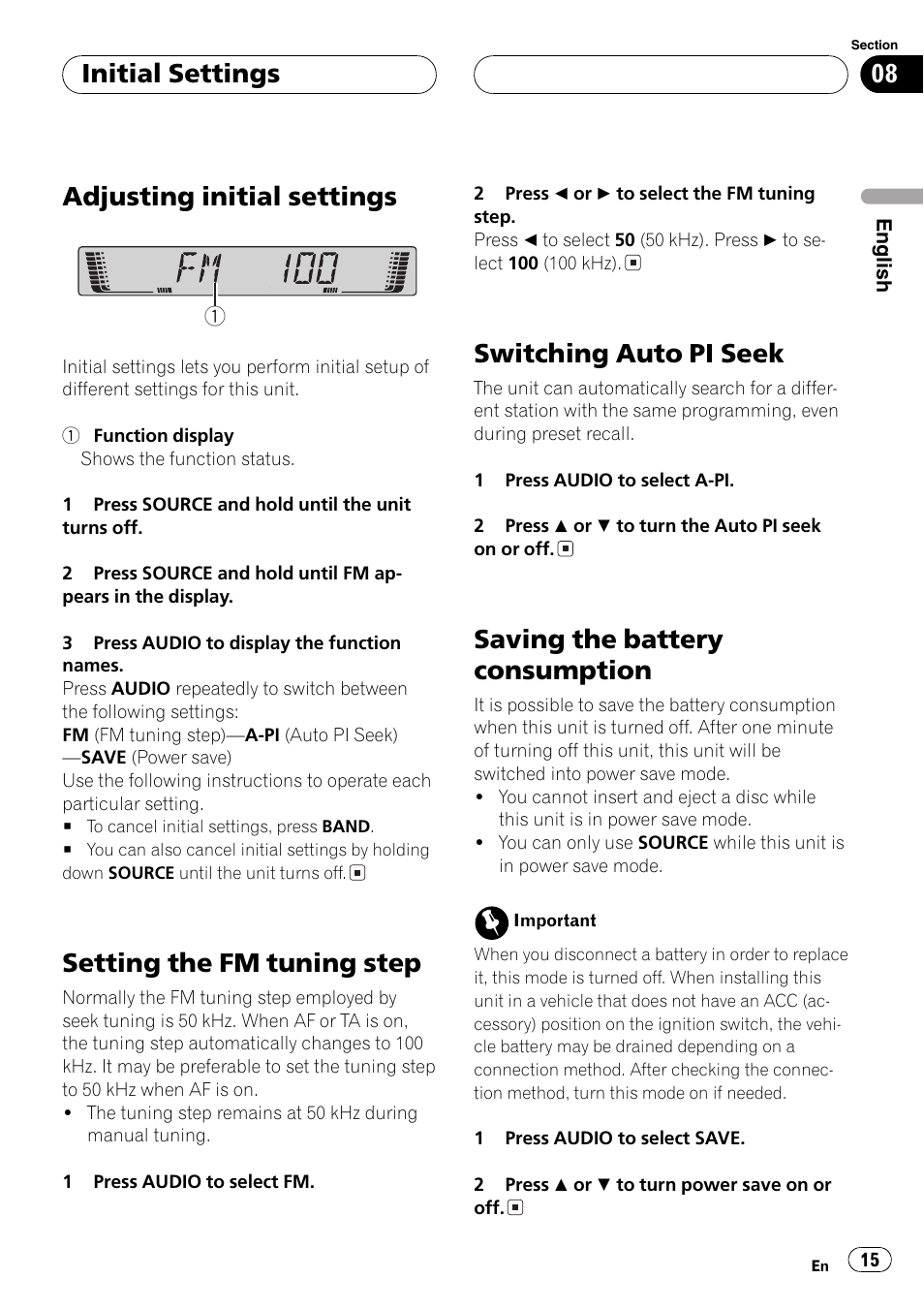 Adjusting initial settings, Setting the fm tuning step, Switching auto pi seek | Saving the battery consumption, Initial settings | Pioneer DEH-2700RB User Manual | Page 15 / 116