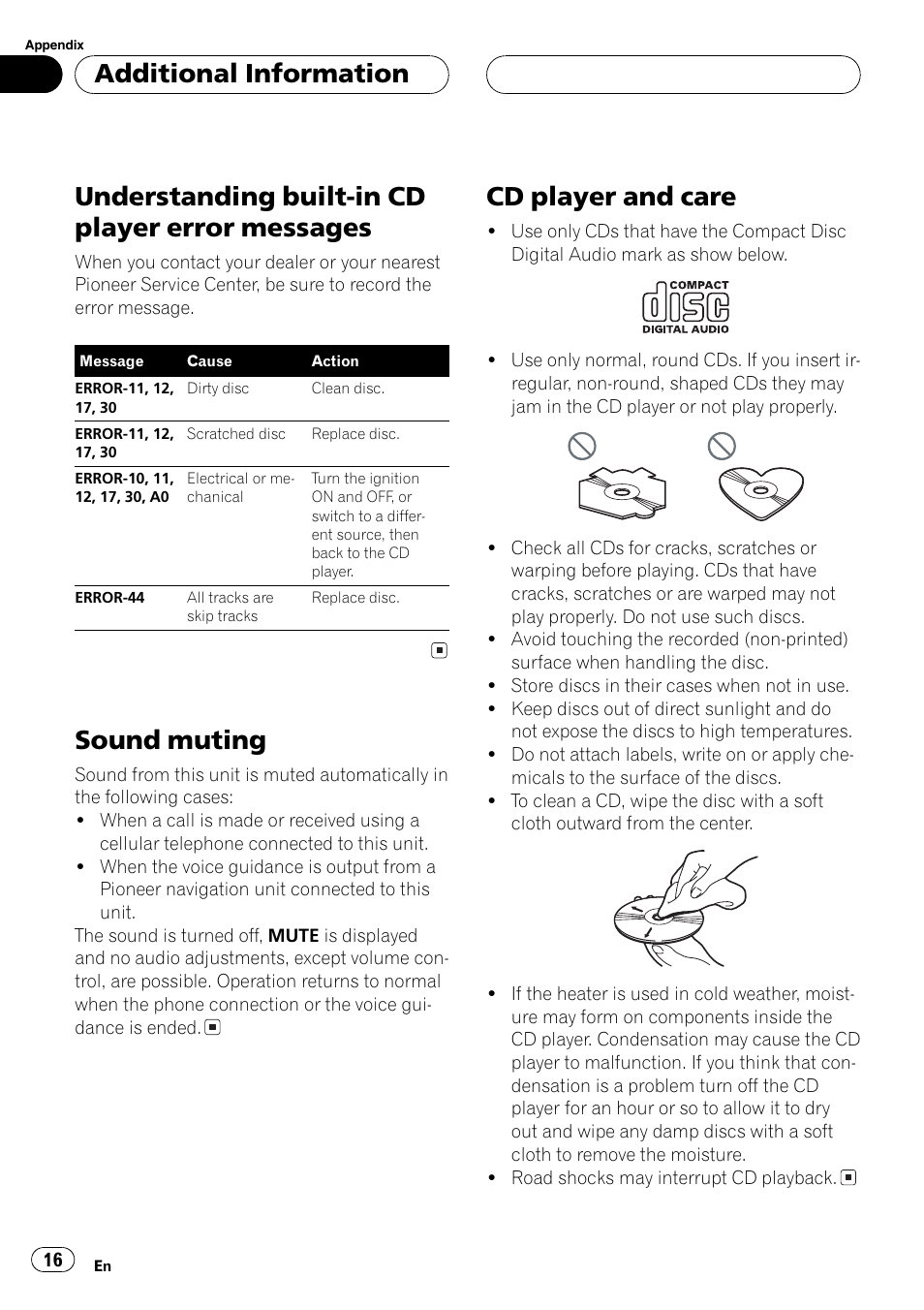 Messages 16, Sound muting 16 cd player and care 16, Understanding built-in cd player error messages | Sound muting, Cd player and care, Additional information | Pioneer DEH-2700RB User Manual | Page 16 / 116