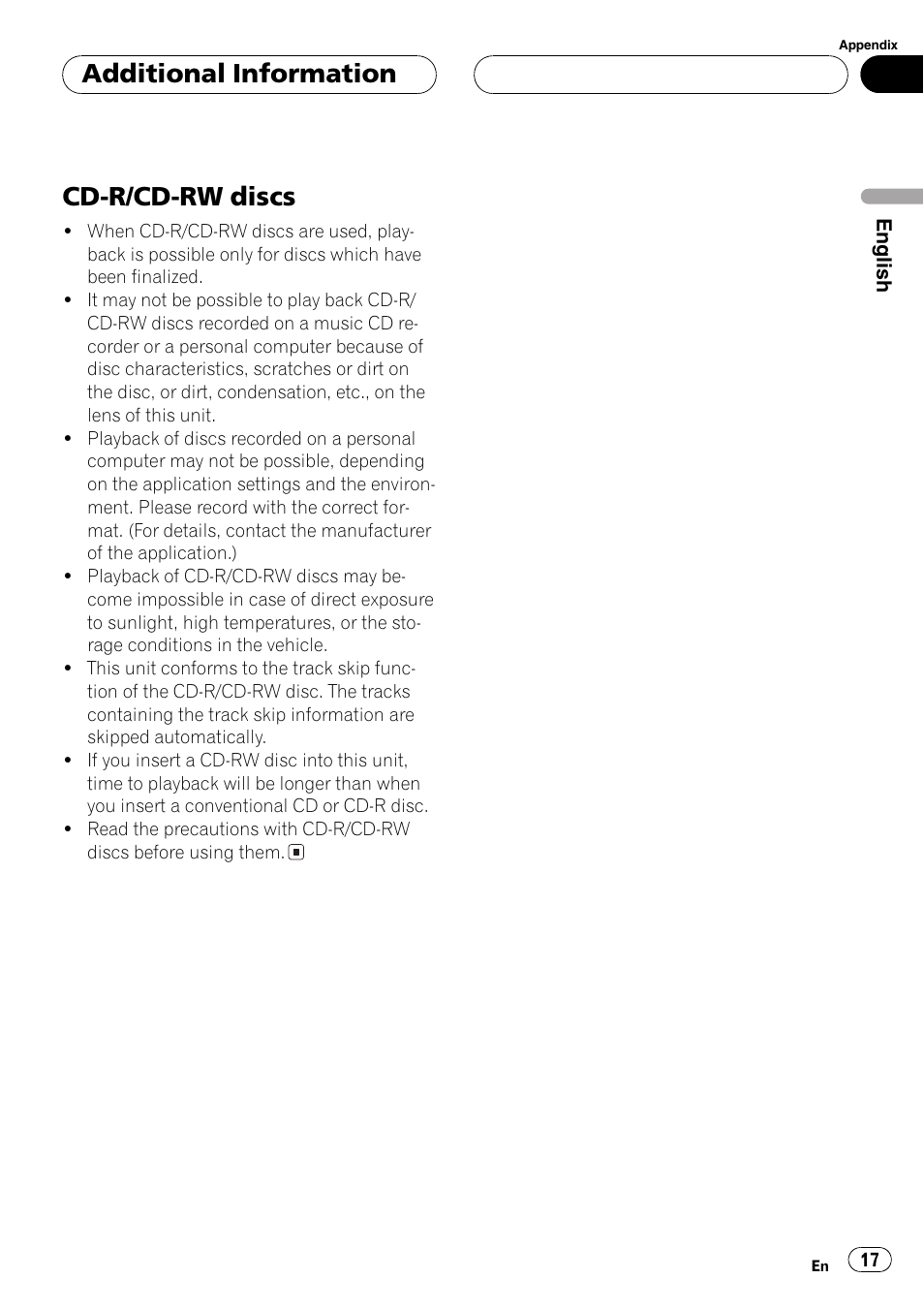 Cd-r/cd-rw discs 17, Cd-r/cd-rw discs, Additional information | Pioneer DEH-2700RB User Manual | Page 17 / 116
