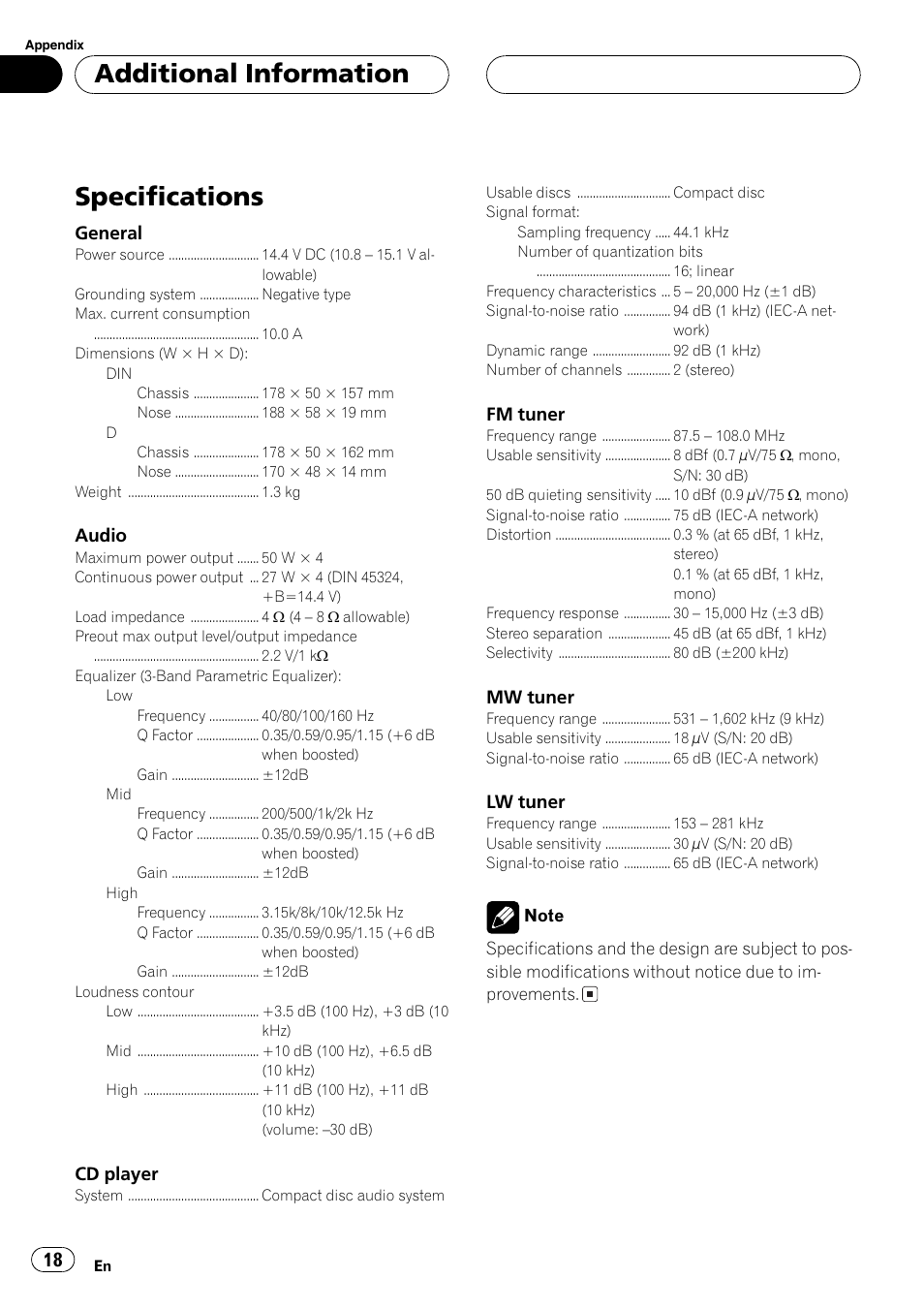 Specifications 18, Specifications, Additional information | Pioneer DEH-2700RB User Manual | Page 18 / 116